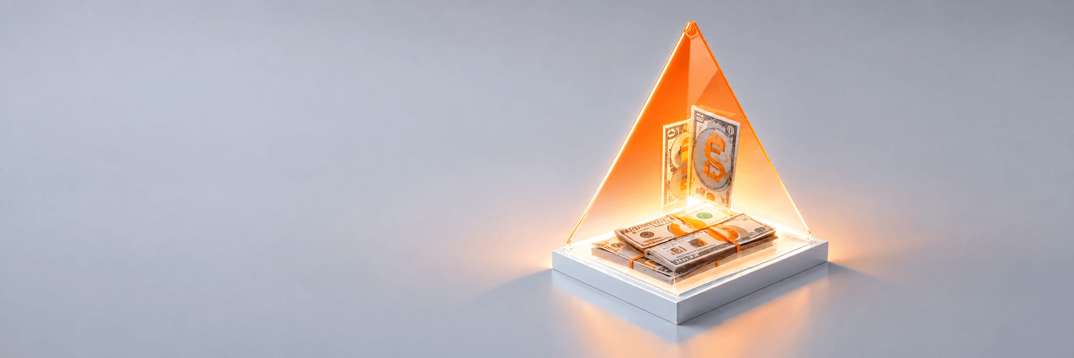 Orange 3D pyramid with a financial composition